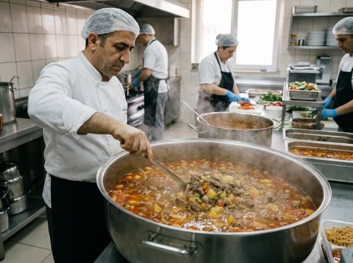 Büyük kazanlarda taze yemek üretimi